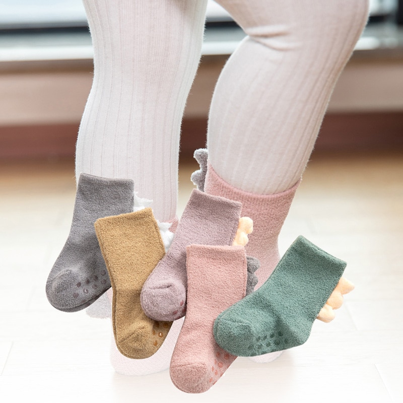 0-36M Autumn Winter Baby Newborn Coral Velvet Dinosaur Socks Boys and Girls Thick Floor Socks Toddler Antislip Warm Sleep Socks