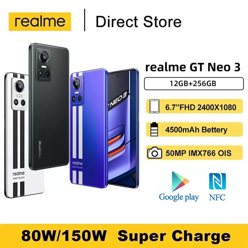 Global Rom realme GT Neo 3 5G Smartphones NFC Dimensity 8100 Octa Core 6.7" FHD+ 80/150W Super Charge 50MP Mobile Phone UI 