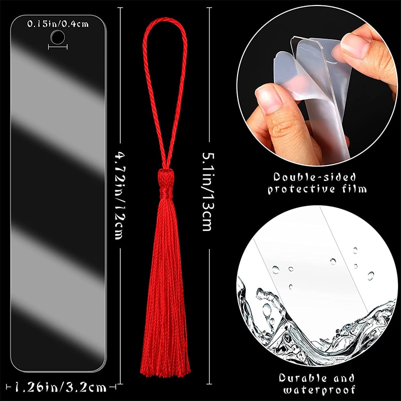 15pcs Blank Clear DIY Unfinished Book Markers Rectangle Acrylic Bookmark With Colorful Tassels Ornaments Crafts Decors