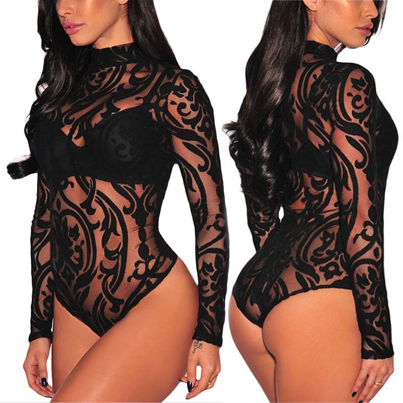 Women's Sexy Mesh Bodysuit Tops Long Sleeve Mock Turtle Neck Jumpsuit Women's Bodysuit Tops Sexy for Home Wear Basic W