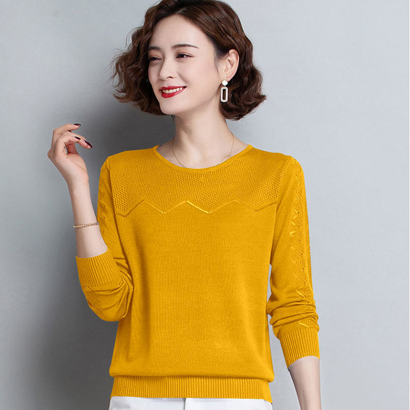 O-neck Casual Spring Knitted Pull Jumpers Women Yellow Casual Long Sleeve Female Pullovers Tops Thin Cool Knitwear