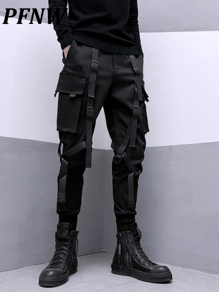 PFNW Darkwear Safari Style Webbing Spliced Cargo Pants Men High Street Streetwear Elastic Waist Slim Tactical Techwear 12A1634