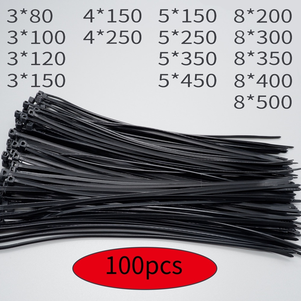 100PCS/bag Self-Locking Plastic Nylon Tie Black White Industrial Cable Tie Fastening Ring Organize Cables Wire Fixing
