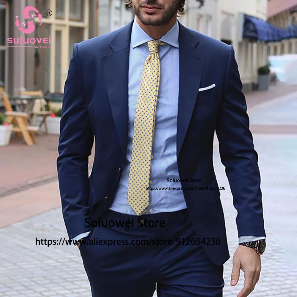 Classic Navy Blue Suits For Men Slim Fit 2 Piece Jacket Pants Set Formal Groom Wedding Prom Tuxedo Male Office Business Blazer