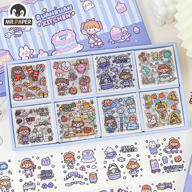 200 Pcs/Box Kawaii PVC Sticker Gift Box Cartoon Cute Character DIY Hand Account Material Stickers Stationery Sticker
