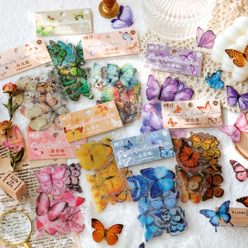 Mr. Paper 40Pcs/Bag Literary Butterfly Cute Sticker Pack Vintage Aesthetic Hand Account Decorative Stickers Children's Stic