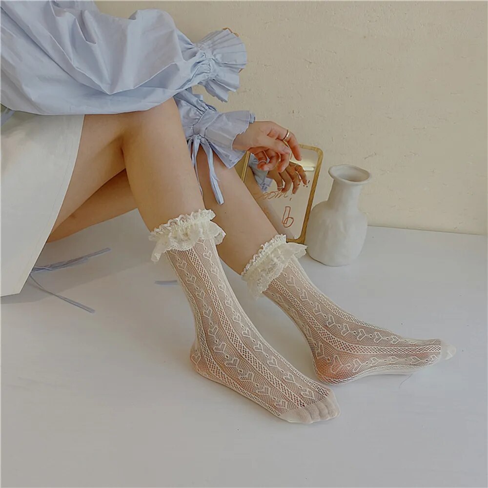 Women's Thin Lolita Princess Lace Socks Vintage Ladies Girl's Love Heart Jacquard Princess Socks Female Hosiery