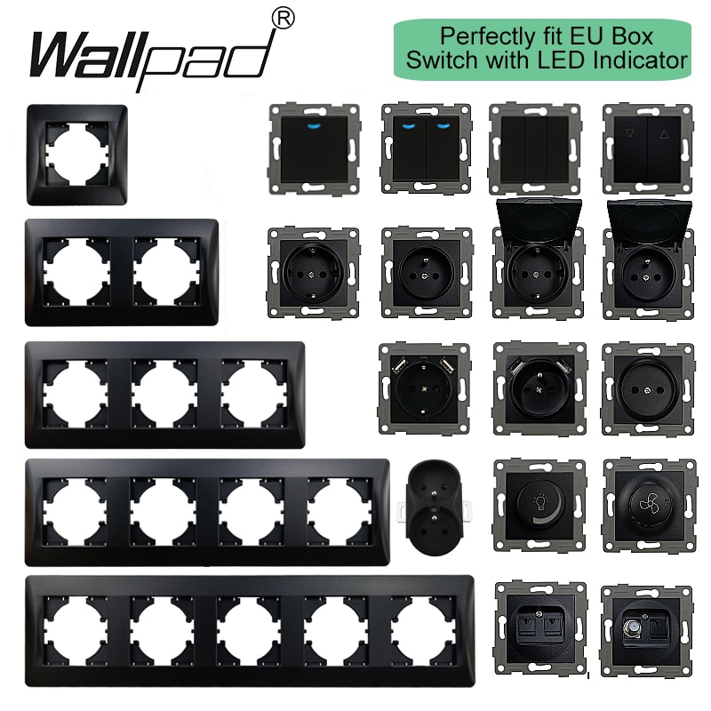 For EU Box DIY Black Plastic Frame 1 2 3 Gang Switch with LED Indicator 16A EU Power Double French Socket with USB TV Cat6 Data
