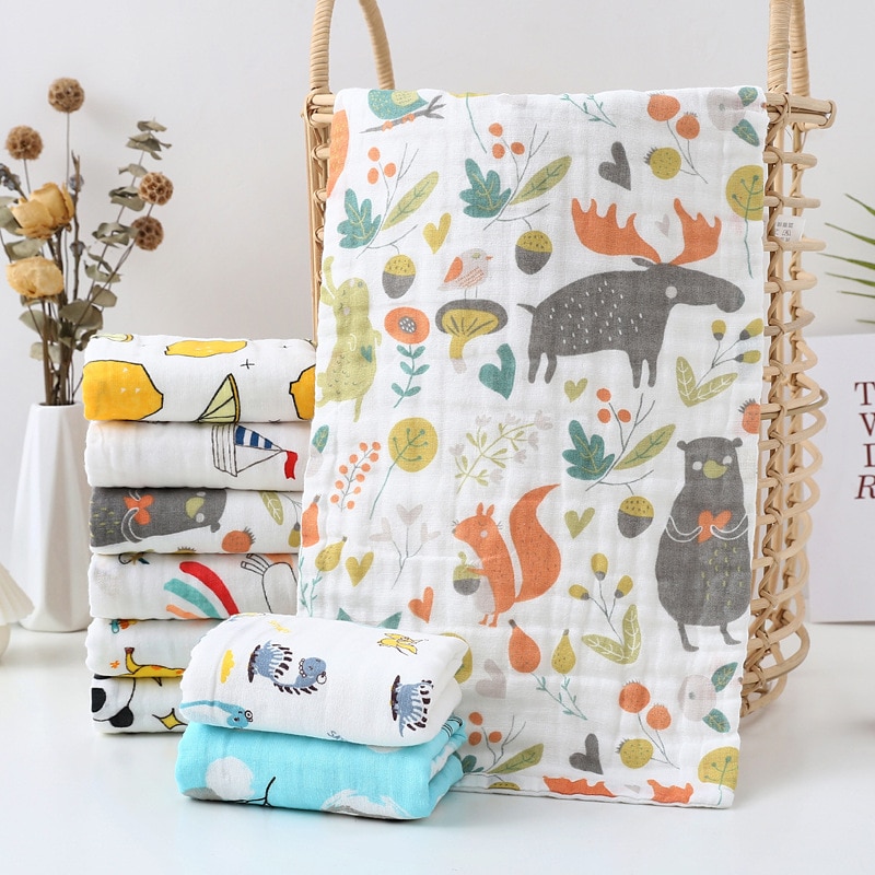 25x50CM Newborn Muslin Handkerchief Cartoon 6 Layers Cotton Gauze Feeding Towel Bibs Absorbent Saliva Burp Cloth Baby Stuff