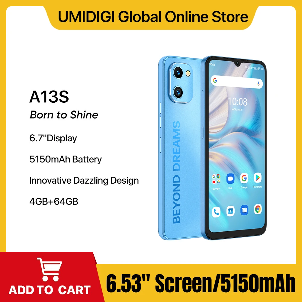 UMIDIGI A13S Android 11 Smartphone 4GB RAM 32GB ROM 6.7 "HD + Display 5150mAh Battery 16MP Rear Camera Unisoc T310 Cellphon