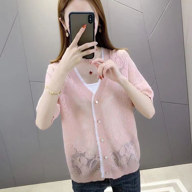 Half Sleeve Women Thin Hollow Out Summer Cardigan With Button Pink V-neck Knitwear Outwear Casual Sun Protection Clothing