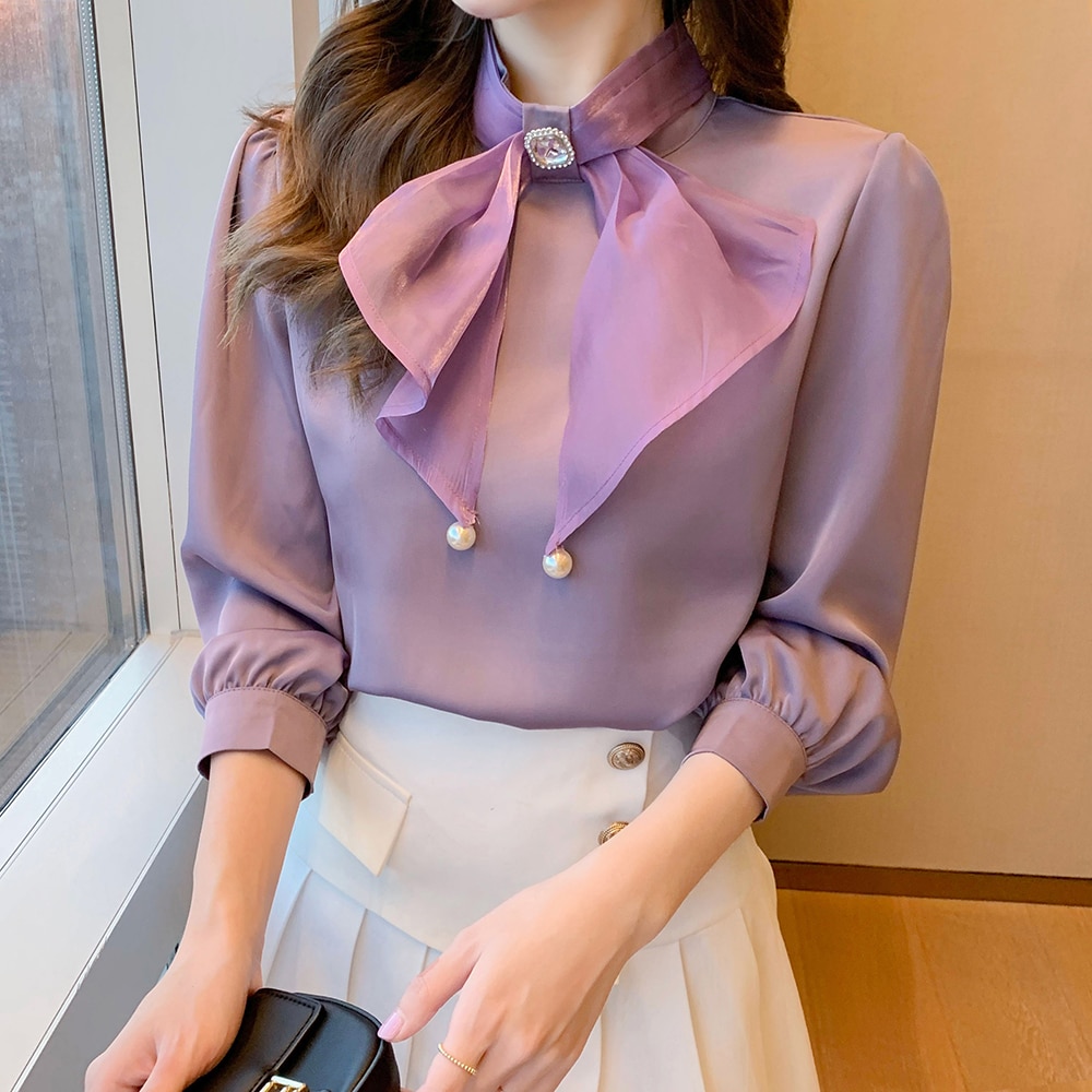 Women's Clothing Spring Autumn New Fashion Bow Gauze Casual Shirts Lady Chiffon Loose Lightweight Single-piece Set Elegant 