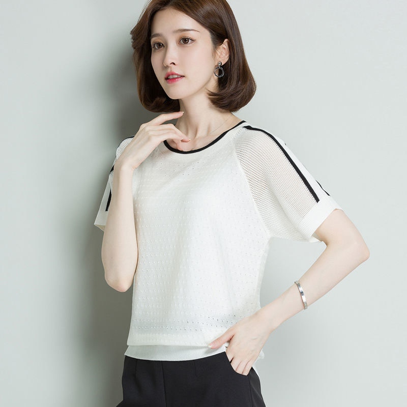 Women Thin Summer Knitted Tops Casual Striped Short Sleeve Female Pull Jumpers Shirt Female Cool Pullovers
