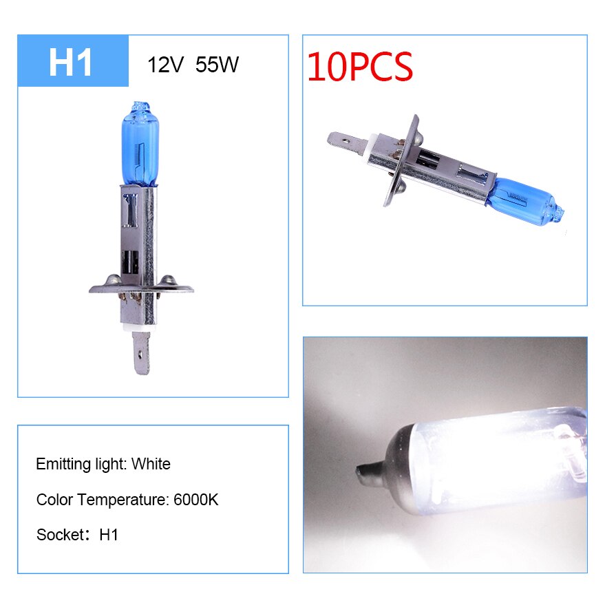 ADPOW 10PCS H1 55W 12V Super Bright White Fog Lights Halogen Bulbs High Power Car Headlight Lamp Car Light Source Parking Auto