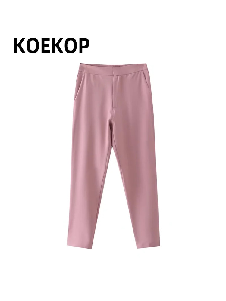 KOEKOP Women Fashion Pink Solid Front Button Trousers Vintage Full Length High Waist Female Office Lady Long Pants