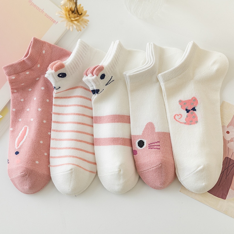 5pair/lot Cute Cartoon Harajuku Cat Socks for Women Funny Spring Cat Low Cut Short Kawaii Women Socks