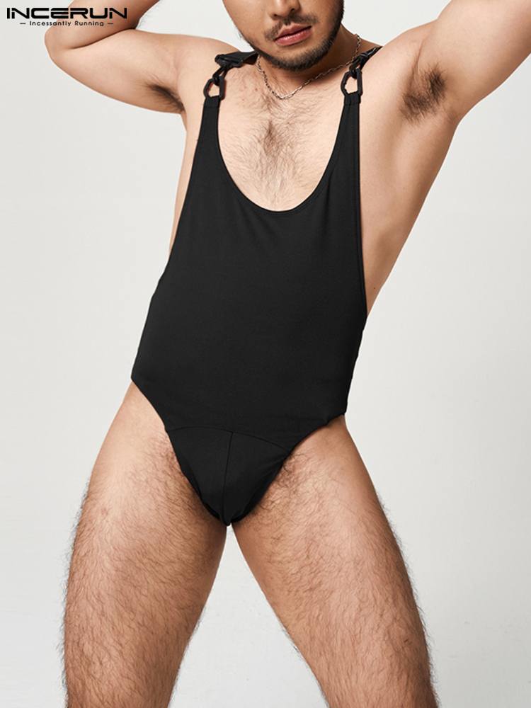 2022 Men Bodysuits Pajamas Solid Color O-neck Sleeveless Underwear Rompers Sexy Streetwear Suspender Bodysuit Men S-5XL INCERUN