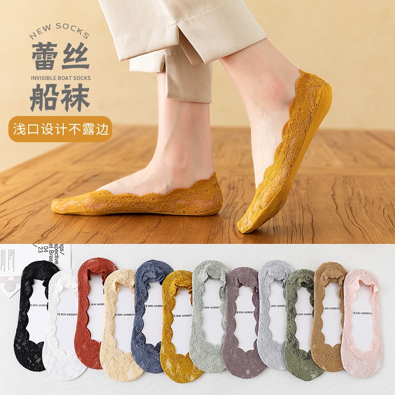 Lace boat socks women pure cotton bottom silicone non-slip 3pcs
