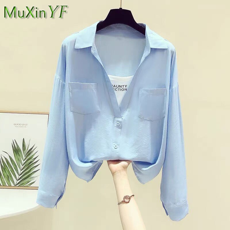 Women's Summer Chiffon Shirt 2022 New Long-sleeved Top Casual Blouse Korean Elegant Loose Fake Two-piece Pullover Female Cl