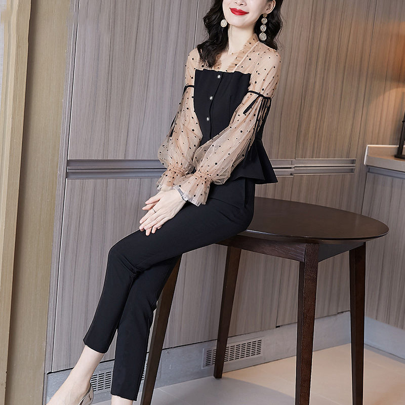 Large code mm autumn small fragrant wind fashion temperament thin bubble sleeve chiffon shirt pants two-piece suit female