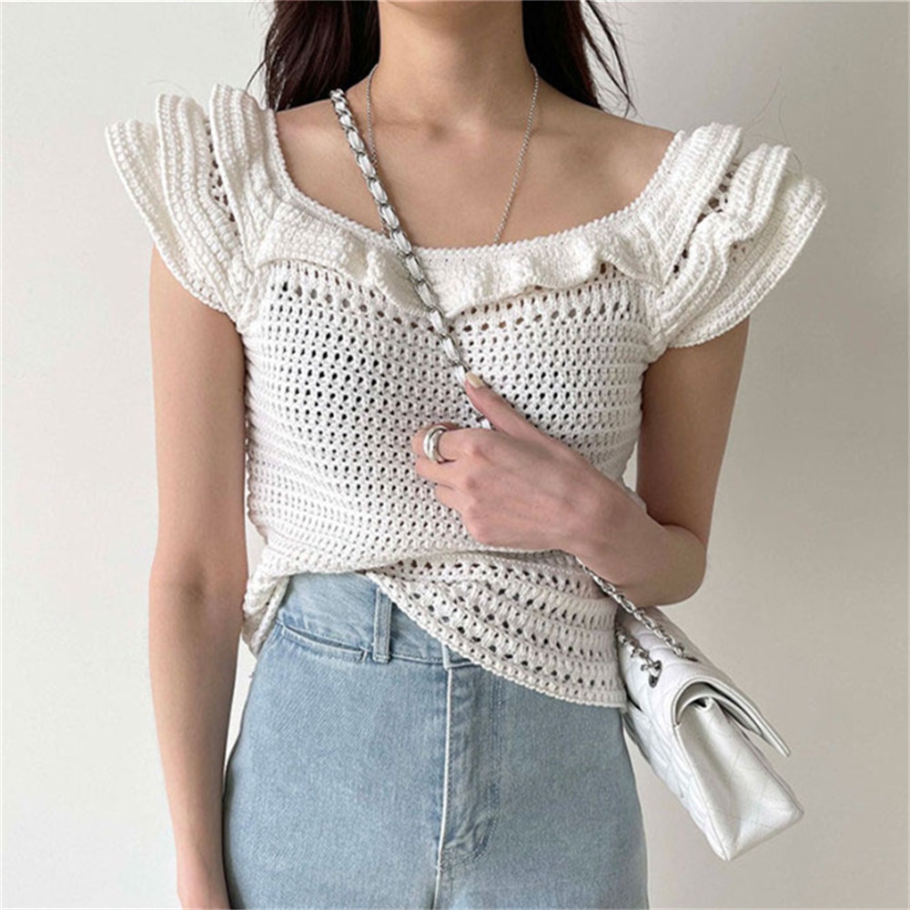 Alien Kitty Women Flying Sleeve Knitted Tees Pullovers Hollow Out Sweaters Slim Summer Chic All Match High Street Office Lady