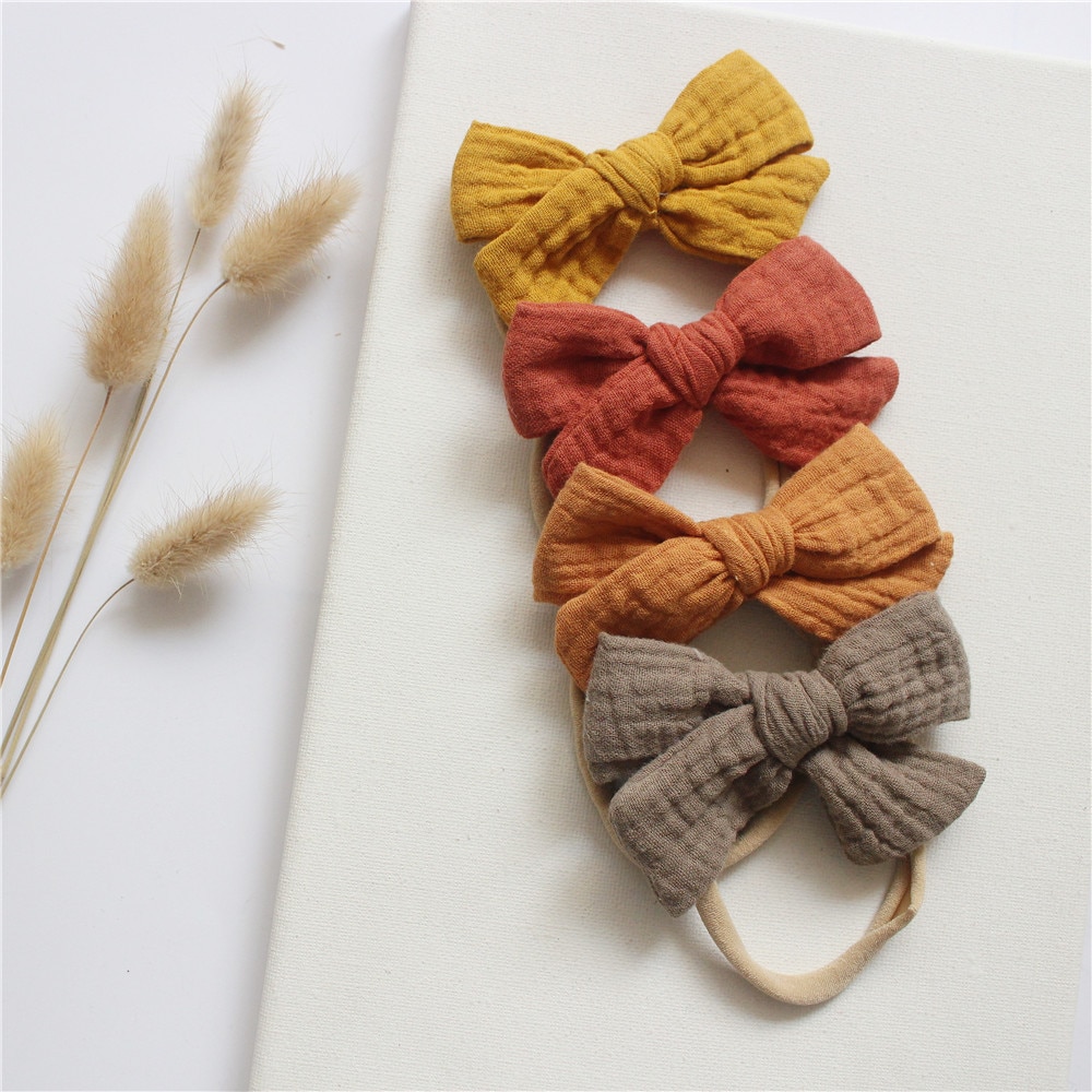 4Pcs/Set Baby Muslin Cotton Bows Headband Elastic Nylon Band for Girls Kids Hairbands Solid Hair Accessories Newborn Headwear