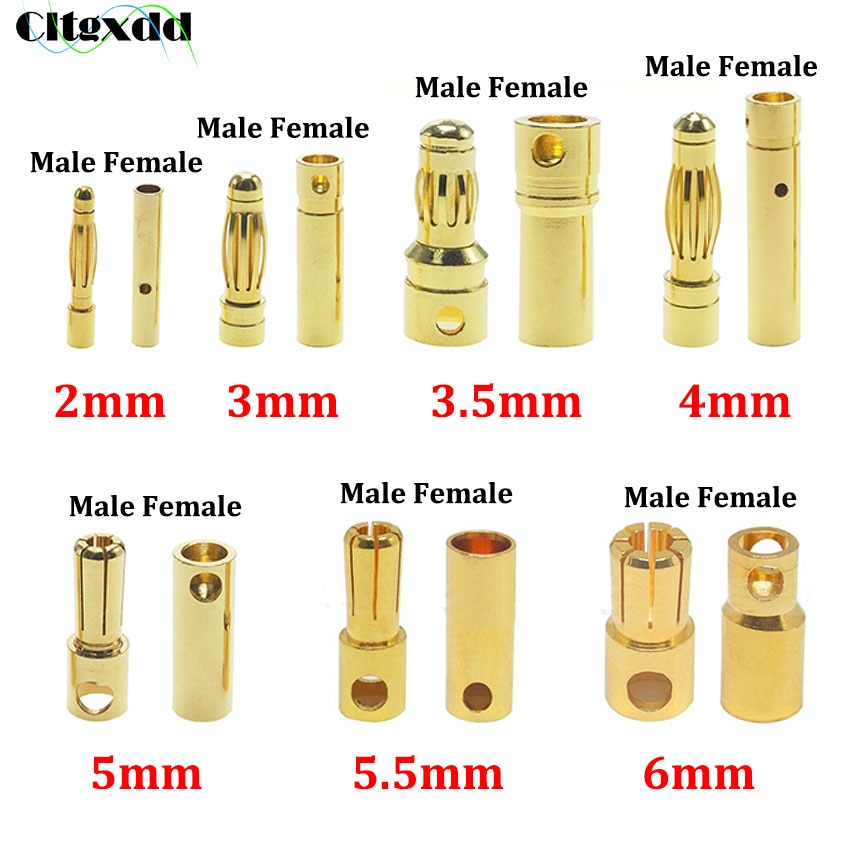 10pcs 2mm 3mm 3.5mm 4mm 5mm 5.5mm 6mm Banana Plug Gold Plated Copper Brushless Motor Bullet Connector For ESC Battery Wholeale