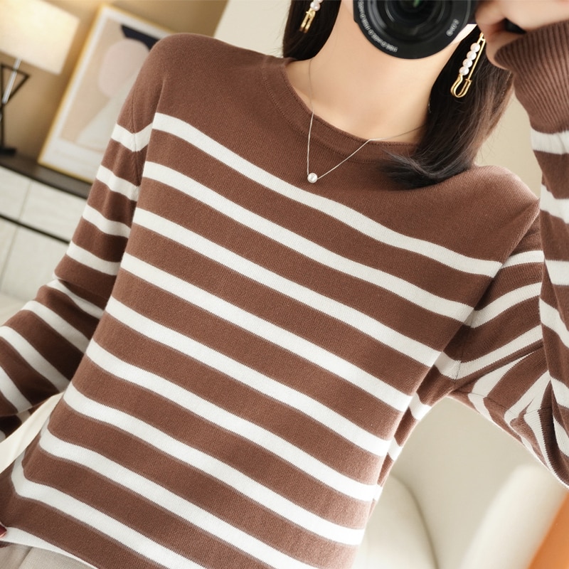 100%Cotton Thread Pullover New Round Neck Large Size Sweater Ladies Spring Striped Knit Tops Thin Bottoming Shirts Long Sleeves