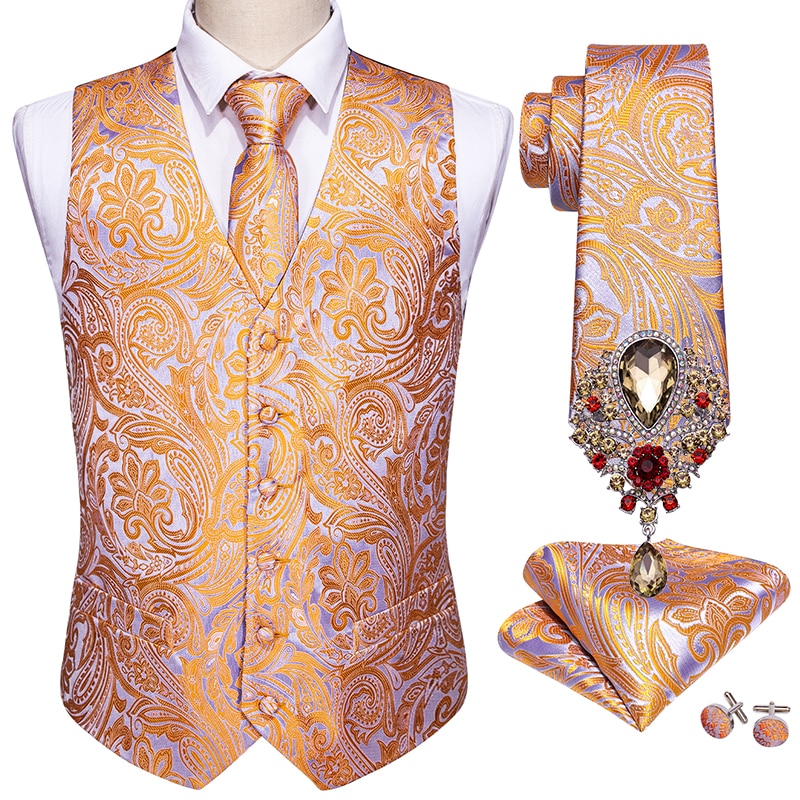 4PCS Designer Mens Wedding Suit Vest Classic Orange Jacquard Folral Silk Waistcoat Vests Tie Handkerchief Vest Set Barry.Wang