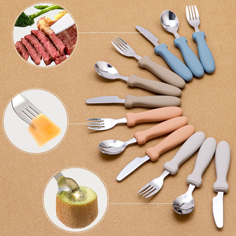 New Baby Feeding Silicone Handle Stainless Steel Spoon Fork And Knife Set Baby Training Utensils Weaning Children's Tablewa