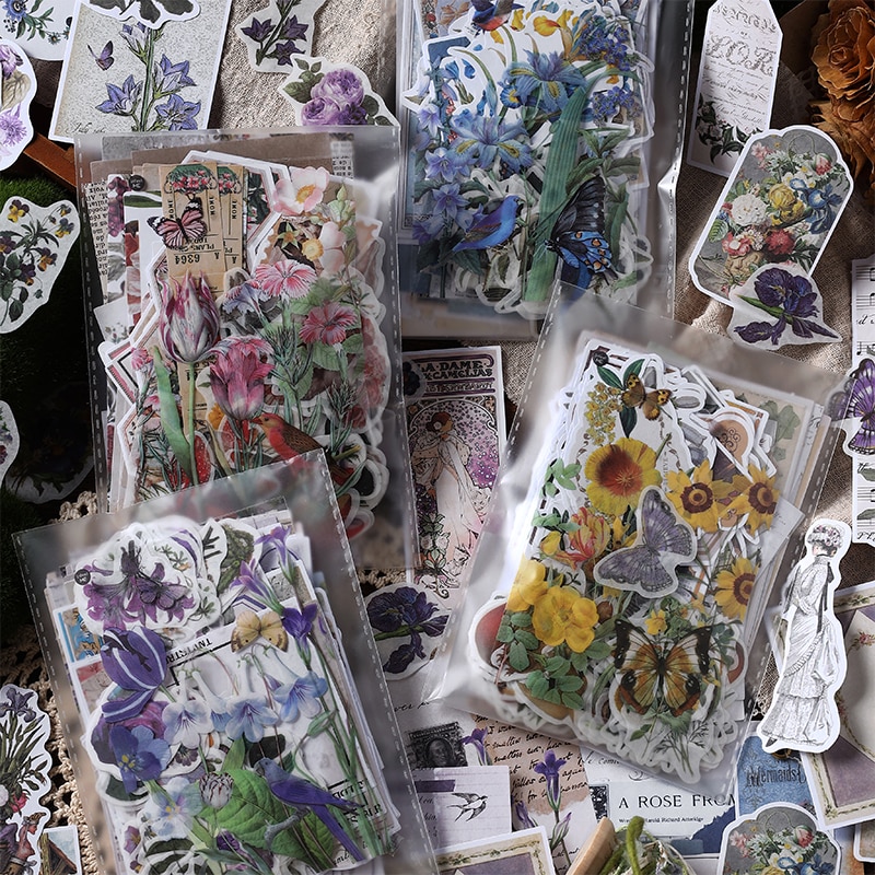 200 Large Capacity Retro Material Packs Vintage Flowers Butterflies Plants Sticker for DIY Journal Planner Scrapbooking Supplies