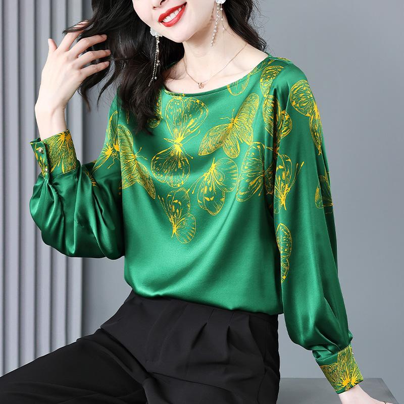 Casual blouse simulation silk jacket 2023 spring new European goods long-sleeved T-shirt o neck agende printing blouse clothing