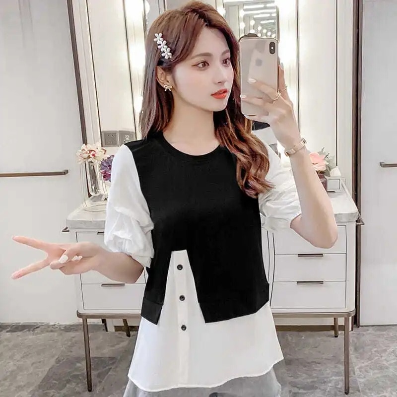 Spring And Autumn Fake Two-Piece Shirt Women's Round Neck Stitching Fashion Three-Quarter Sleeve Women's Clothing 2022