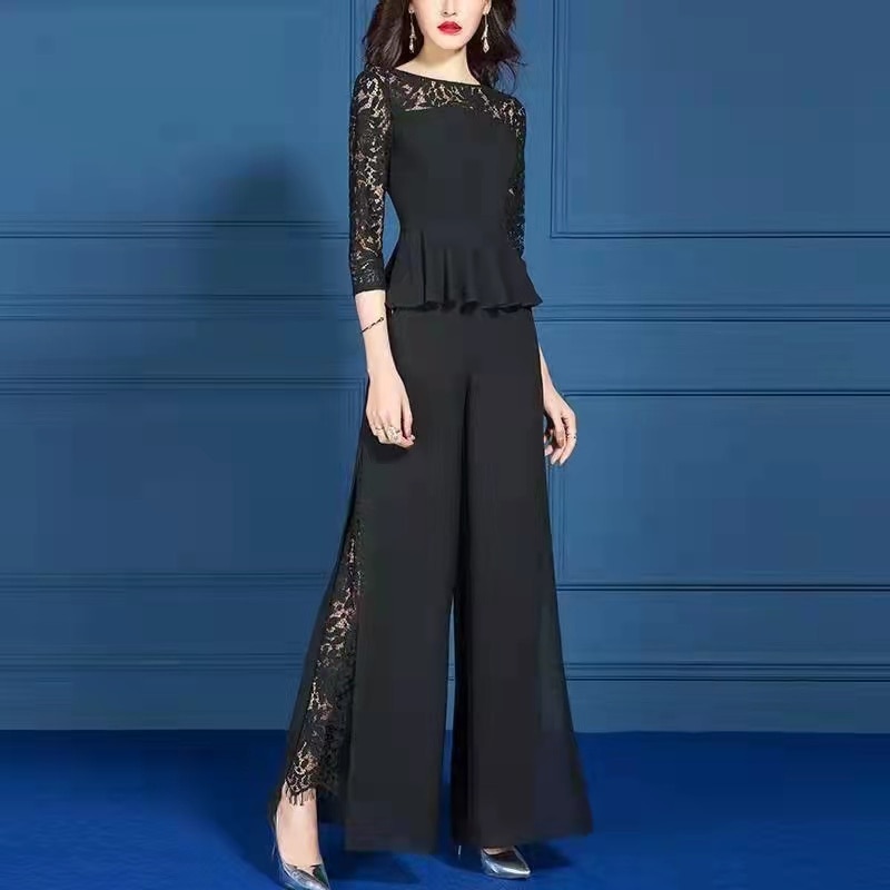 2022 Spring And Summer Women's Suit Fashion Black Wide-leg Pants Suit Lace Two-Piece Women's Pants Suit
