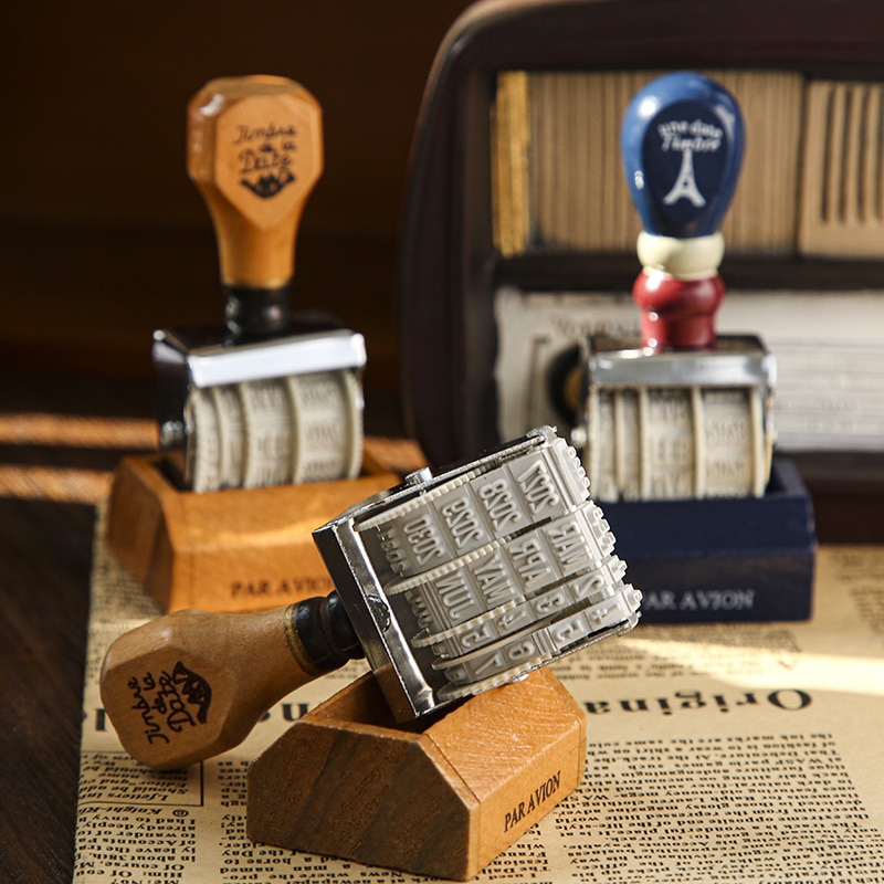 Vintage Date Digital Decoration stamp wooden handle rotating stamps for scrapbooking DIY craft standard seal korean stationery