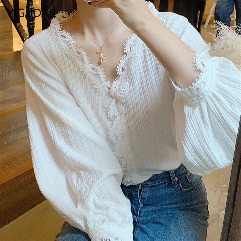 Summer Women Tops and Blouse Korean V-neck Lace Shirts Stitching Women Long-sleeved Lace Hollow Out Top Female Blusa blouse