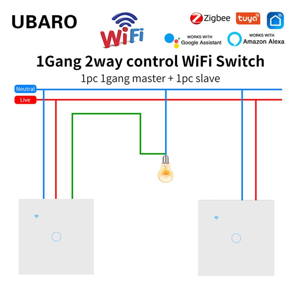 UBARO EU Tuya Wifi Stair Touch Switch Glass Panel Multi Sensor Button Alexa Voice Control Smart House Cross Switch 1 Gang 2 Way