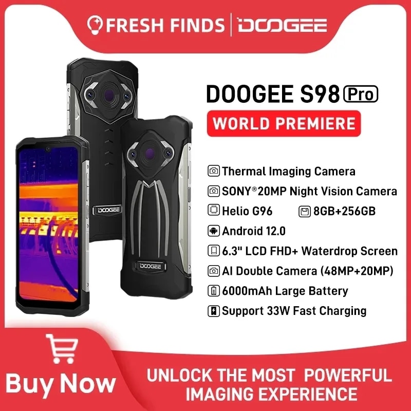 DOOGEE S98 Pro Rugged Phone Thermal Imaging Camera Phone 20MP Night Vision Cellphone Helio G96 8+256GB 6.3" Phone