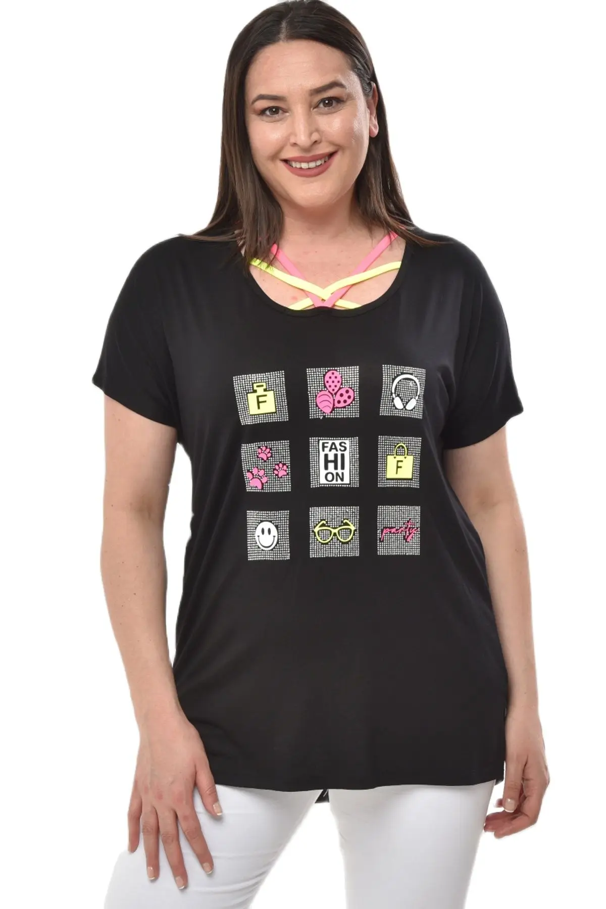 Women’s Plus Size Blouse Neon Print Detail, Designed and Made in Turkey, New Arrival