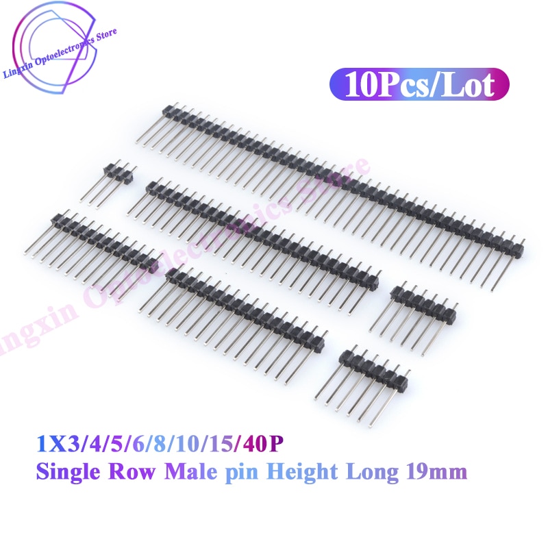 10PCS single row male 1X3/4/5/6/8/10/40P 2.54mm high long breakable pin header pin length 19 mm PCB board connector