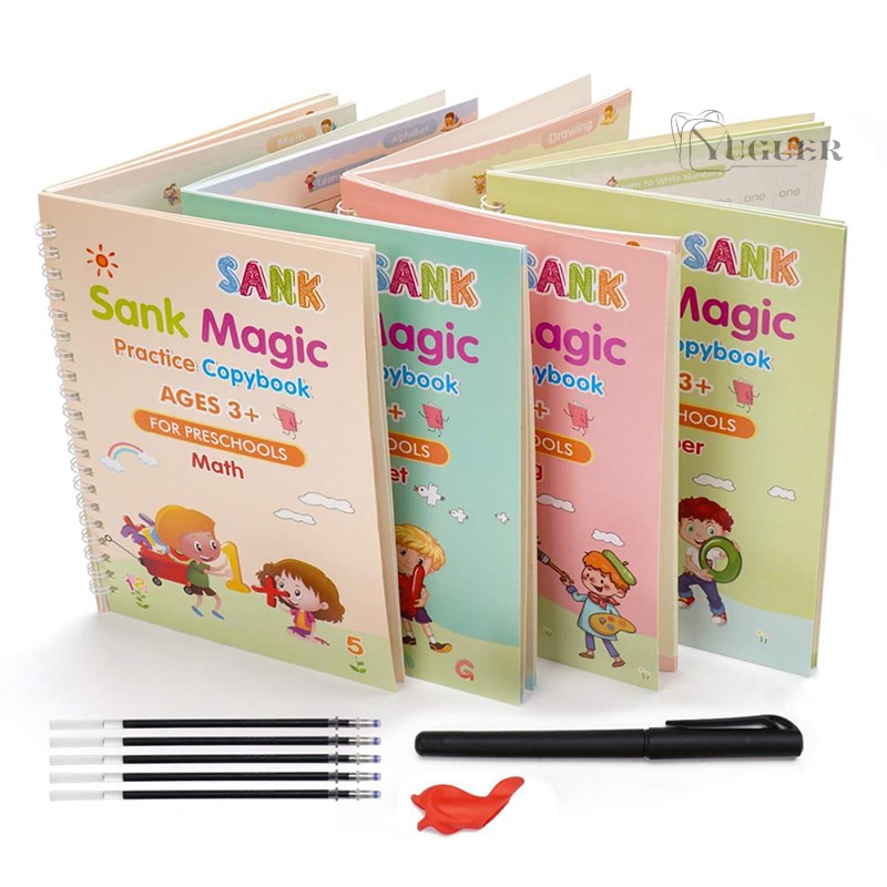 Copybook 4 Books Reusable For Calligraphy Learn Alphabet Painting Arithmetic Math Children Handwriting Practice Books Baby Toys