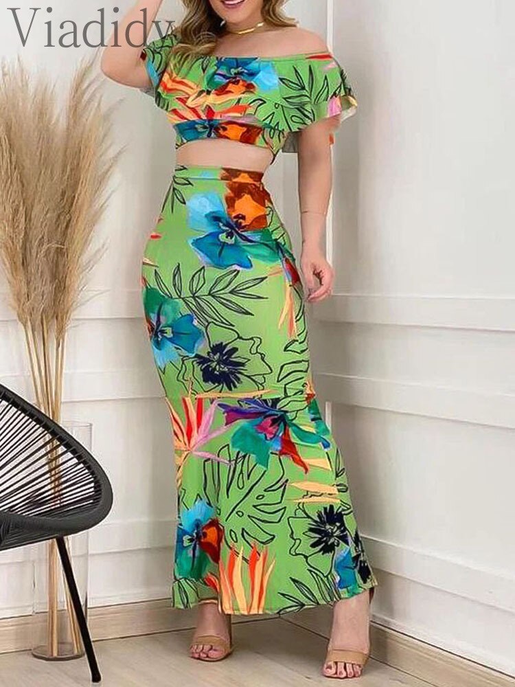 Women Off Shoulder Print Ruffle Hem Crop Top And High Waist Skirt Sets