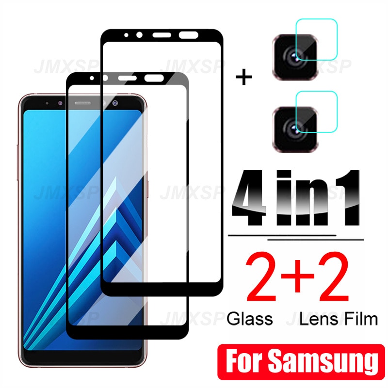 4in1 Protective Glass For Samsung Galaxy A6 A8 Plus A9 A5 A7 2018 Tempered Glass For Samsung J6 J4 Plus J7 J8 J2 2018 Lens Film