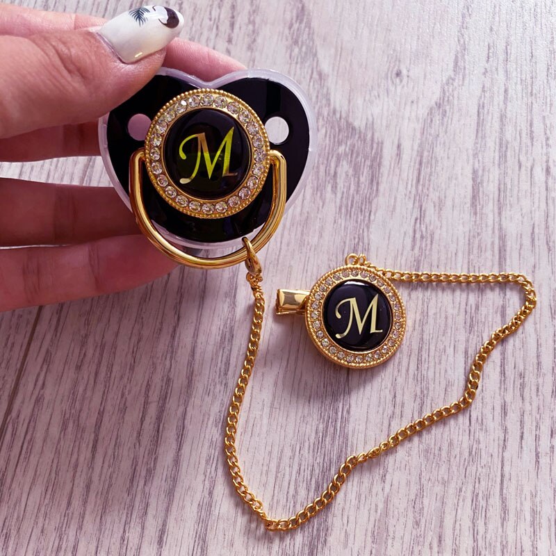 26 Name Initials Letter Black Bling Baby Pacifier with Clip Chain A-Z Infant Newborn Nipple Dummy Soother Baby Shower Gifts