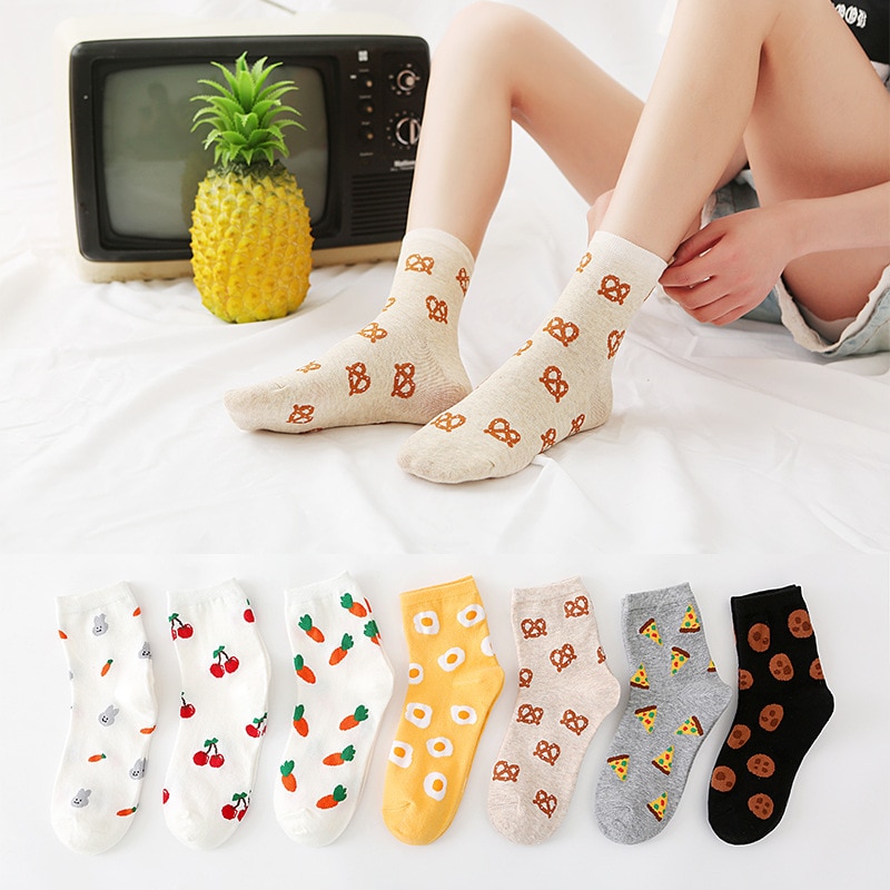 Women's Socks Spring Summer Funny Cartoon Fruit Food Animal Cherry Pizza Rabbit Middle Tube Socks Korean Fashion Kawaii Gir