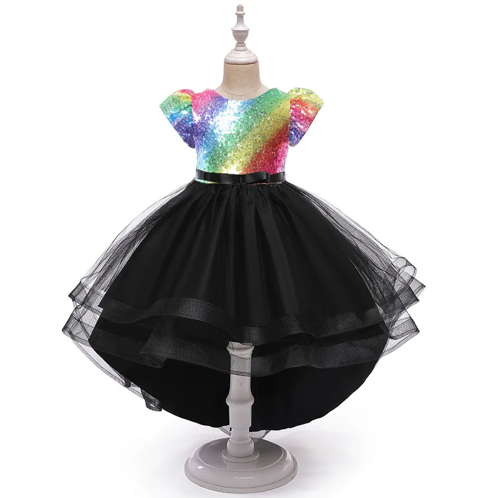 Dresses Children 6 Colors 120cm-170cm Girl Long Trailing Skirt Sequined Short Sleeve Princess Gown Wedding Party Performance