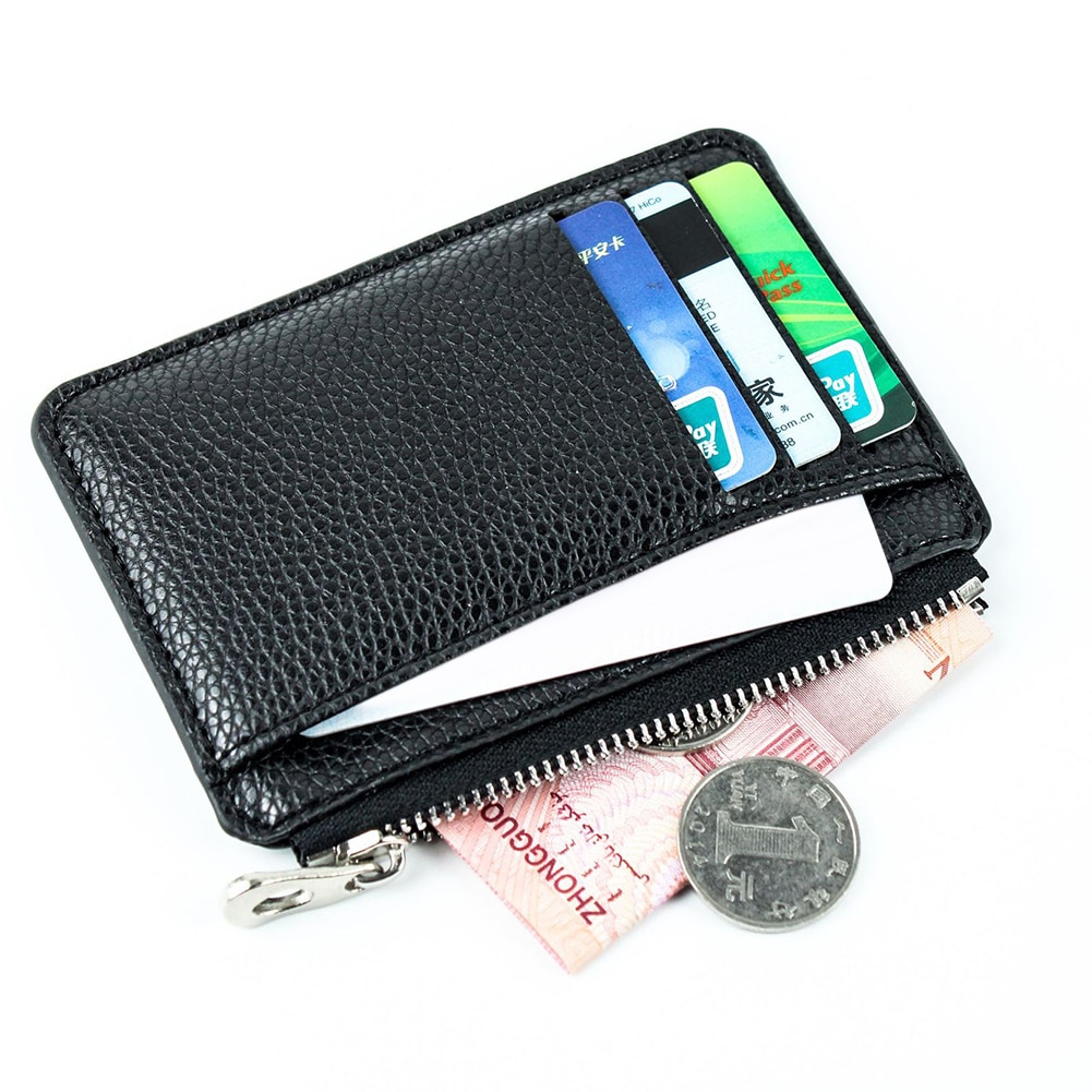 Black Card Holder Men Wallet Solid Color Textured PU Zipper Cards Slot Ultra-thin Lichee Pattern Wallet Card & ID Holders Ba