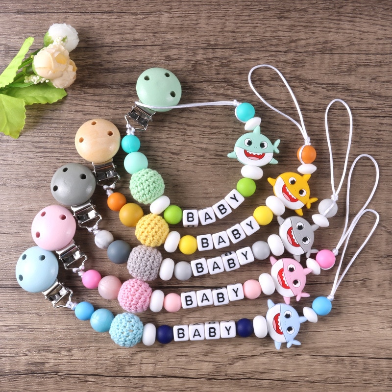 Personalized Name Silicone Shark Pacifier Clip Chain Anti-drop Molar Soother Chains Baby Products