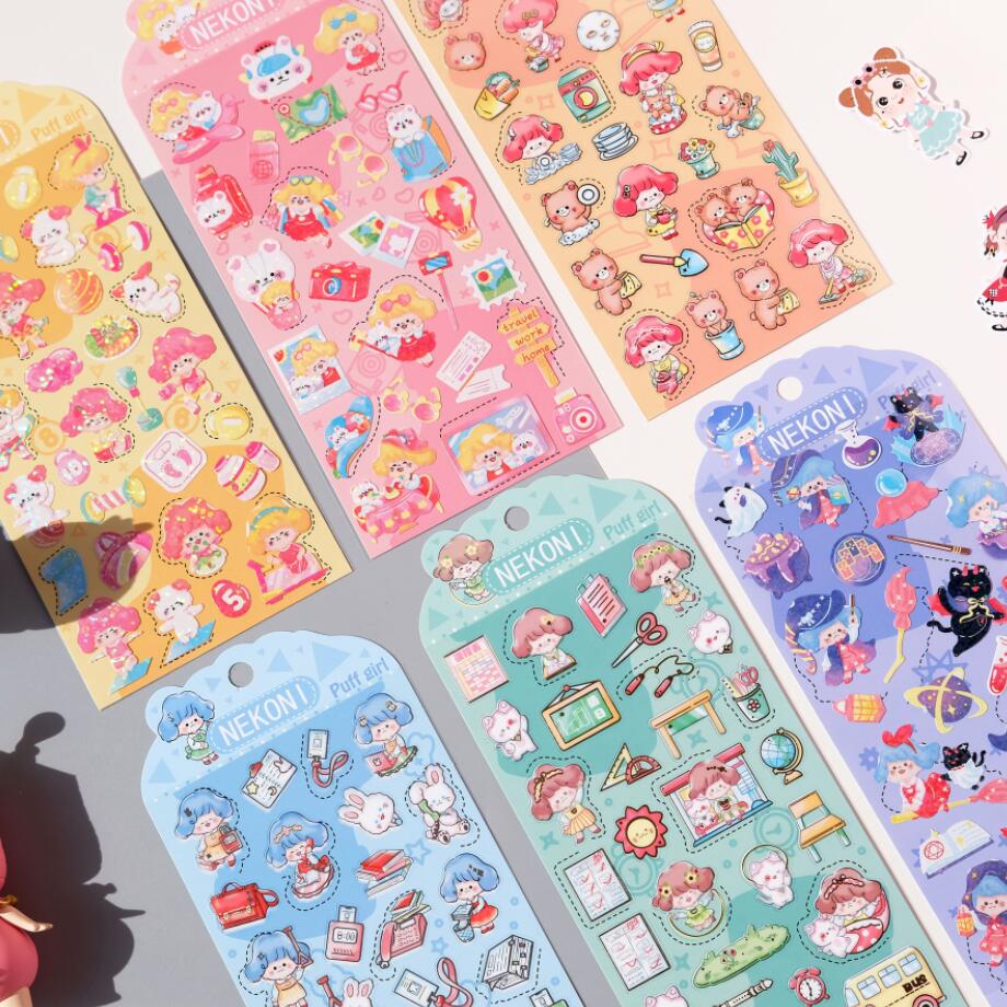 Nekoni Novelty Puff Girl Cartoon Laser PVC Stickers Scrapbooking Diy Journaling Sticker Aesthetic Sticker Cute Stationery Gift