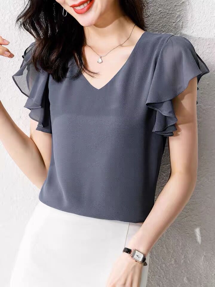 2022 Women Shirt Chiffon Blusas Femininas Tops Short Sleeve Elegant Ladies Formal Office Blouse Plus Size Chiffon Shirt Clothing